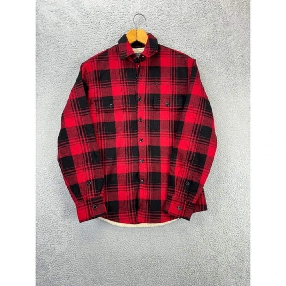 J Crew Shirt Mens Small Red Tartan Plaid Outerwear Sherpa Lined Shacket NEW A3